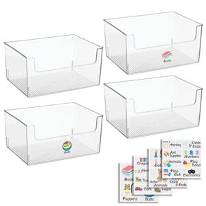 mDesign Plastic Open Front Wide Toy Storage Organizer Bin for Playroom, Nursery, Kids Closets; Holds Action Figures, Crayons, Building Blocks, Puzzles - Ligne Collection - 4 Pack + 24 Labels - Clear