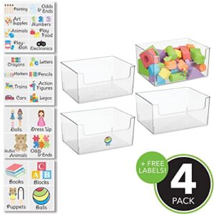 mDesign Plastic Open Front Wide Toy Storage Organizer Bin for Playroom, Nursery, Kids Closets; Holds Action Figures, Crayons, Building Blocks, Puzzles - Ligne Collection - 4 Pack + 24 Labels - Clear