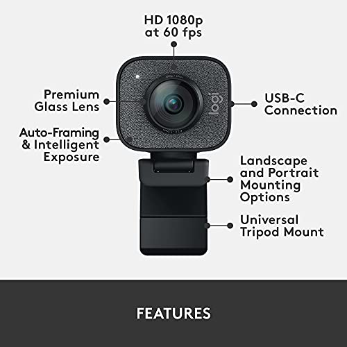 Logitech for Creators StreamCam Premium Webcam for Streaming and Content Creation, Full HD 1080p 60 fps, Premium Glass Lens, Smart Auto-Focus, for PC/Mac – Graphite