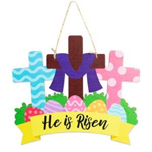 b1ykin he is risen cross wooden door hanging sign decorations easter religious jesus hanger with eggs design rustic art wood christian ornaments party supply gift decor for spring april indoor outdoor