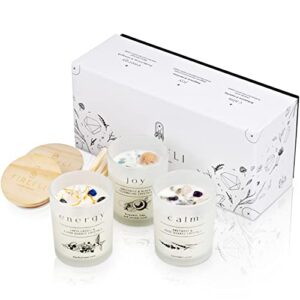 firefli crystal candles 3-piece crystal candle set with wood lids & dried flowers | candles gifts for women | 3.5oz manifestation candles with crystals inside | soy wax scented luxury candles