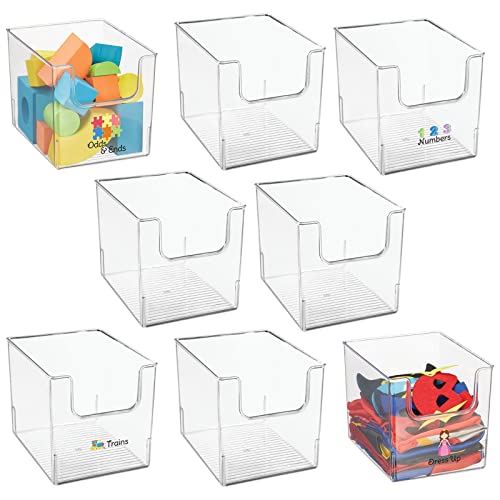 mDesign Deep Plastic Home Storage Organizer Bin - Container for Nursery, Kids Bedroom, Toy or Playroom - Open Front Design - 8 Bins + 24 Labels - Clear