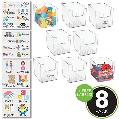 mDesign Deep Plastic Home Storage Organizer Bin - Container for Nursery, Kids Bedroom, Toy or Playroom - Open Front Design - 8 Bins + 24 Labels - Clear