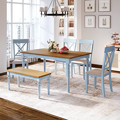 Merax Dining Table Sets, 6 Piece Dining Table Set with Bench, Wooden Kitchen Table Set with 4 Padded Dining Chairs, Home Furniture Dining Set, Walnut+Blue