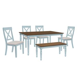 Merax Dining Table Sets, 6 Piece Dining Table Set with Bench, Wooden Kitchen Table Set with 4 Padded Dining Chairs, Home Furniture Dining Set, Walnut+Blue