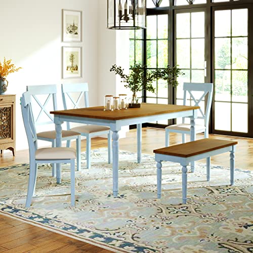 Merax Dining Table Sets, 6 Piece Dining Table Set with Bench, Wooden Kitchen Table Set with 4 Padded Dining Chairs, Home Furniture Dining Set, Walnut+Blue