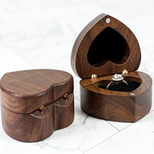 Wood Ring Box Heart Shaped Velvet Soft Interior Holder Jewelry Handmade Wooden Presentation Box Jewelry Chest Organizer Earrings Coin Case for Proposal Engagement Wedding Ceremony Birthday Gift