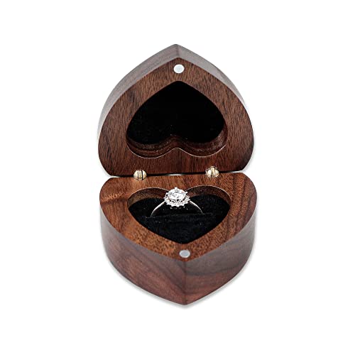 Wood Ring Box Heart Shaped Velvet Soft Interior Holder Jewelry Handmade Wooden Presentation Box Jewelry Chest Organizer Earrings Coin Case for Proposal Engagement Wedding Ceremony Birthday Gift