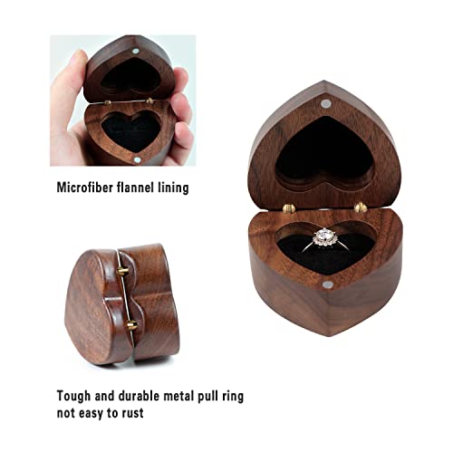 Wood Ring Box Heart Shaped Velvet Soft Interior Holder Jewelry Handmade Wooden Presentation Box Jewelry Chest Organizer Earrings Coin Case for Proposal Engagement Wedding Ceremony Birthday Gift