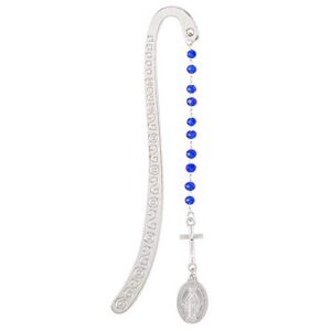 religious metal bookmark with blue glass beads and crucifix rosary charm, unique gift for readers, 4 3/4 inch