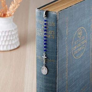 Religious Metal Bookmark with Blue Glass Beads and Crucifix Rosary Charm, Unique Gift for Readers, 4 3/4 Inch
