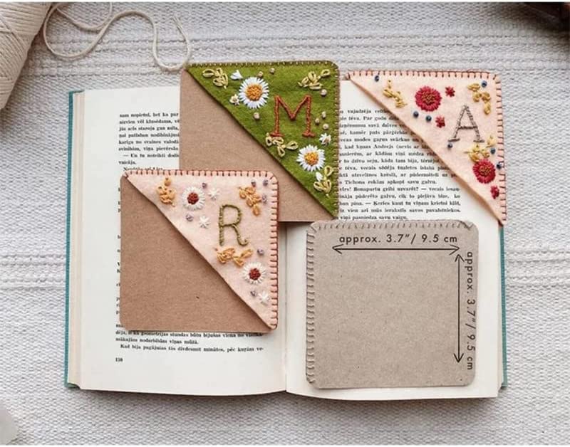 HYOIIO Corner Bookmark, Personalized Hand Embroidered Corner Bookmark, Hand Stitched Felt Corner Letter Bookmark, Felt Triangle Bookmark, Cute Flower Letter Embroidery Bookmarks for Book Lovers(M)