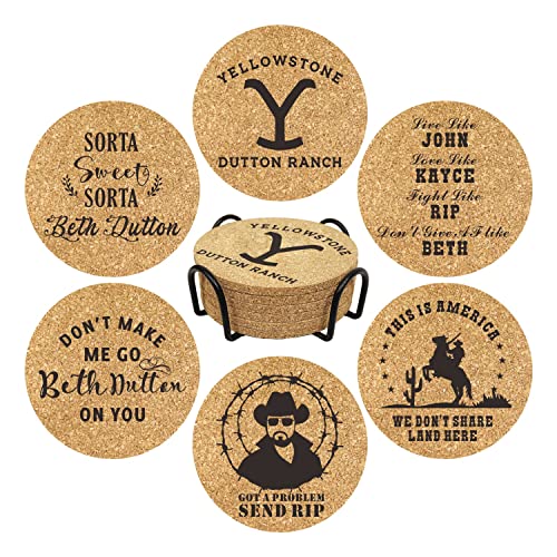 Homythe Yellowstone Merchandise Beth Dutton Coasters, 6 Pcs Cork Coasters with Metal Holder, Dutton Ranch Rip TV Show Drink Coasters, Birthday Housewarming Christmas Coaster Gifts for Yellowstone Fans