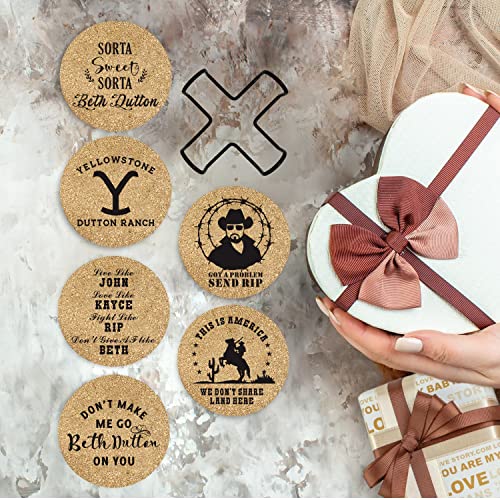 Homythe Yellowstone Merchandise Beth Dutton Coasters, 6 Pcs Cork Coasters with Metal Holder, Dutton Ranch Rip TV Show Drink Coasters, Birthday Housewarming Christmas Coaster Gifts for Yellowstone Fans