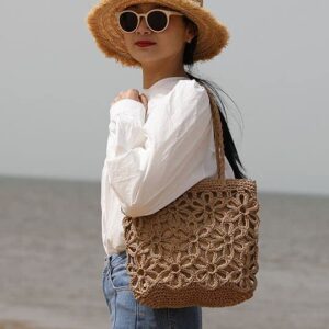 Womens Top Handle Straw Beach Tote Bags Floral Shoulder Bag Beach Bag Large Size Satchel Purses Woven Shoulder Bag