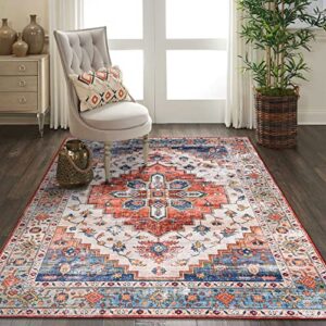decomall sigrain washable rugs 5×7, traditional persian rug with rubber backing, distressed medallion area rug for living room bedroom dinning room, 5x7ft, orange