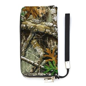 hon-lally autumn hunting tree camo pattern wristlet wallets for women girls men leather ladies long clutch purse zip around card key phone holder, 20×10.5cm