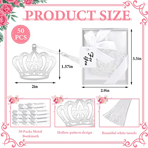 50 Pcs Crown Design Bookmark for Girls Quinceanera Gift Bookmark Crown Princess Metal Bookmark Book Lover Silver Quinceanera Favors with Gift Boxes for Fifteen Birthday Wedding Bridal Shower Women