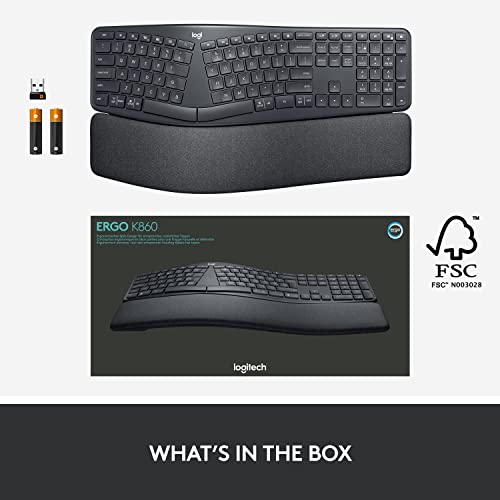 Logitech ERGO K860 Wireless Ergonomic Keyboard - Split Keyboard, Wrist Rest, Natural Typing, Stain-Resistant Fabric, Bluetooth and USB Connectivity, Compatible with Windows/Mac