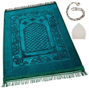 dark green, muslim prayer rug, traditional style, large, thick, and padded muslim prayer mat, 99 prayer beads and a prayer cap included, prayer mats muslim for praying men, women, and kids