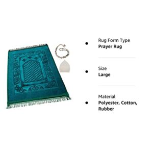 Dark Green, Muslim Prayer Rug, Traditional Style, Large, Thick, and Padded Muslim Prayer Mat, 99 Prayer Beads and a Prayer Cap Included, Prayer Mats Muslim for Praying Men, Women, and Kids