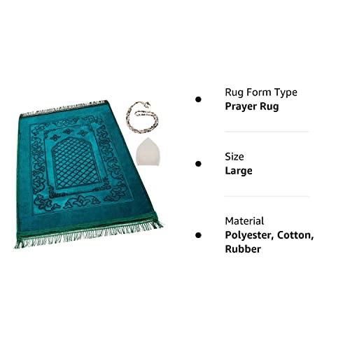 Dark Green, Muslim Prayer Rug, Traditional Style, Large, Thick, and Padded Muslim Prayer Mat, 99 Prayer Beads and a Prayer Cap Included, Prayer Mats Muslim for Praying Men, Women, and Kids