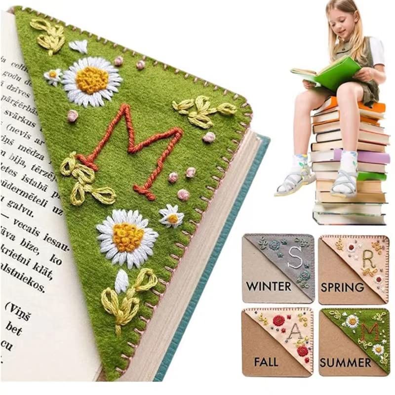 Personalized Hand Embroidered Corner Bookmark for Book Lovers, Hand Stitched Felt Corner Letter Bookmark, Cute Flower Letter Embroidery Felt Triangle Bookmark (Winter)