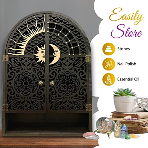 Sun and Moon Shelf Crystal Display Case - Wall Hanging Crystal Display Shelf for Stones, Nail Polish, & Essential Oil Storage - Crystal Holder for Stones Display - Crystal Shelf Crystal Cabinet