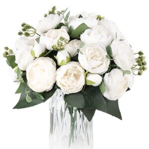 deemei artificial peonies flower silk peony bouquet 4 bundles faux persian rose with eucalyptus leaves for home wedding party decoration (white)