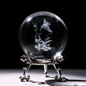 hdcrystalgifts 3d hummingbird crystal ball paperweight 60mm(2.3inch) laser engraved glass sphere display globe meditation ball home decor with metal stand