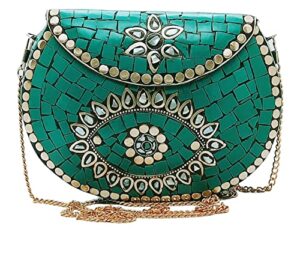 trend overseas ethnic antique indian handmade mosaic stone chip bag bridal clutch, green, m