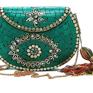 Trend Overseas Ethnic Antique Indian Handmade Mosaic Stone Chip Bag Bridal Clutch, Green, M