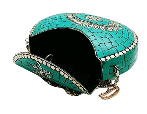 Trend Overseas Ethnic Antique Indian Handmade Mosaic Stone Chip Bag Bridal Clutch, Green, M