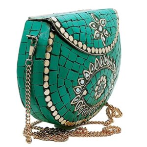 Trend Overseas Ethnic Antique Indian Handmade Mosaic Stone Chip Bag Bridal Clutch, Green, M