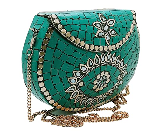 Trend Overseas Ethnic Antique Indian Handmade Mosaic Stone Chip Bag Bridal Clutch, Green, M