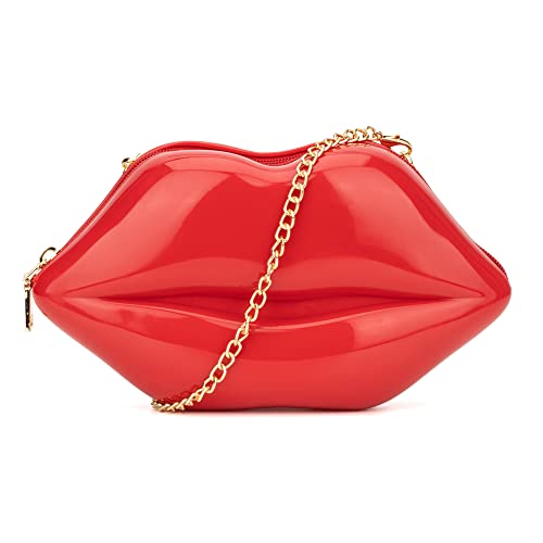 Olivia Miller Women's Fashion Cecilia PVC Jelly Red Small Kiss Lips Shaped Crossbody Bag Removable Strap, Evening Casual Purse Handbag