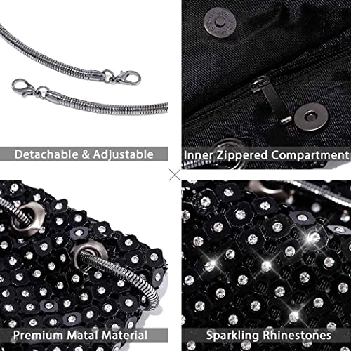 Yokawe Women's Bling Crystals Evening Clutch Bag Sparkly Metal Sequins Purse Glitter Rhinestone Bucket Bags Prom Cocktail Party Wedding Handbags (Black)