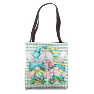 cute easter gnome for egg hunting on spring buffalo plaid tote bag