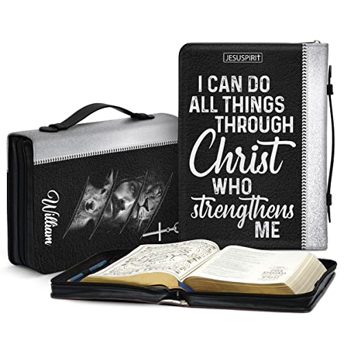 Jesuspirit Personalized Zippered Leather Bible Cover Xlarge Size - Lion & Lamb Customized Bible Case With Handle - I Can Do All Things Through Christ - Philippians 4:13 - Gift For Worship Members, BFF