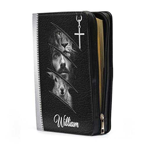 Jesuspirit Personalized Zippered Leather Bible Cover Xlarge Size - Lion & Lamb Customized Bible Case With Handle - I Can Do All Things Through Christ - Philippians 4:13 - Gift For Worship Members, BFF