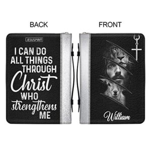 Jesuspirit Personalized Zippered Leather Bible Cover Xlarge Size - Lion & Lamb Customized Bible Case With Handle - I Can Do All Things Through Christ - Philippians 4:13 - Gift For Worship Members, BFF