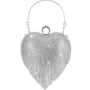 women heart shape crystal tassel clutch purse silver rhinestone evening hand bags with long chain for wedding engagement party