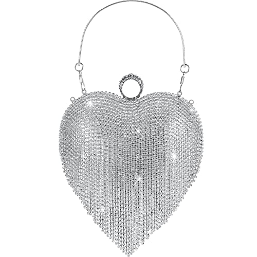 Women Heart Shape Crystal Tassel Clutch Purse Silver Rhinestone Evening Hand Bags with Long Chain for Wedding Engagement Party