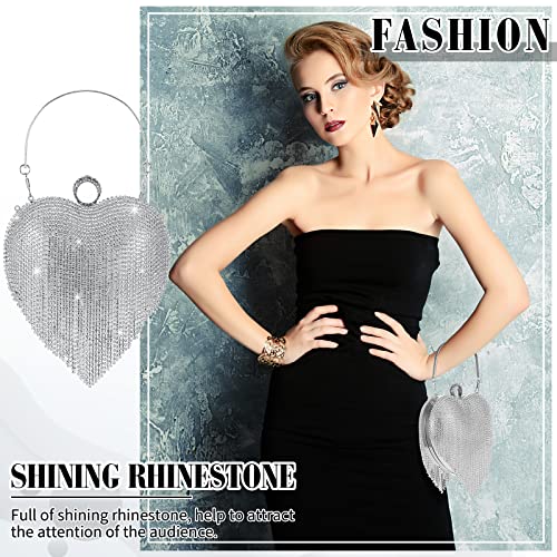 Women Heart Shape Crystal Tassel Clutch Purse Silver Rhinestone Evening Hand Bags with Long Chain for Wedding Engagement Party