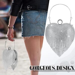 Women Heart Shape Crystal Tassel Clutch Purse Silver Rhinestone Evening Hand Bags with Long Chain for Wedding Engagement Party