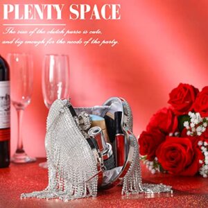 Women Heart Shape Crystal Tassel Clutch Purse Silver Rhinestone Evening Hand Bags with Long Chain for Wedding Engagement Party