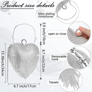 Women Heart Shape Crystal Tassel Clutch Purse Silver Rhinestone Evening Hand Bags with Long Chain for Wedding Engagement Party