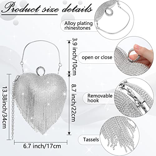 Women Heart Shape Crystal Tassel Clutch Purse Silver Rhinestone Evening Hand Bags with Long Chain for Wedding Engagement Party