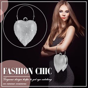 Women Heart Shape Crystal Tassel Clutch Purse Silver Rhinestone Evening Hand Bags with Long Chain for Wedding Engagement Party