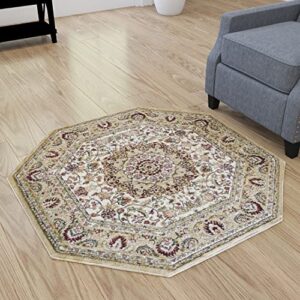 merrick lane traditional maidon 4′ x 4′ persian style floral medallion motif octagon olefin area rug with jute backing in ivory